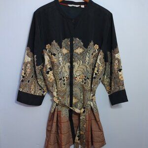 Isaac Mizrahi Mixed Print Tunic Top 2X Paisley Plaid Neutral Black Belted Flowy